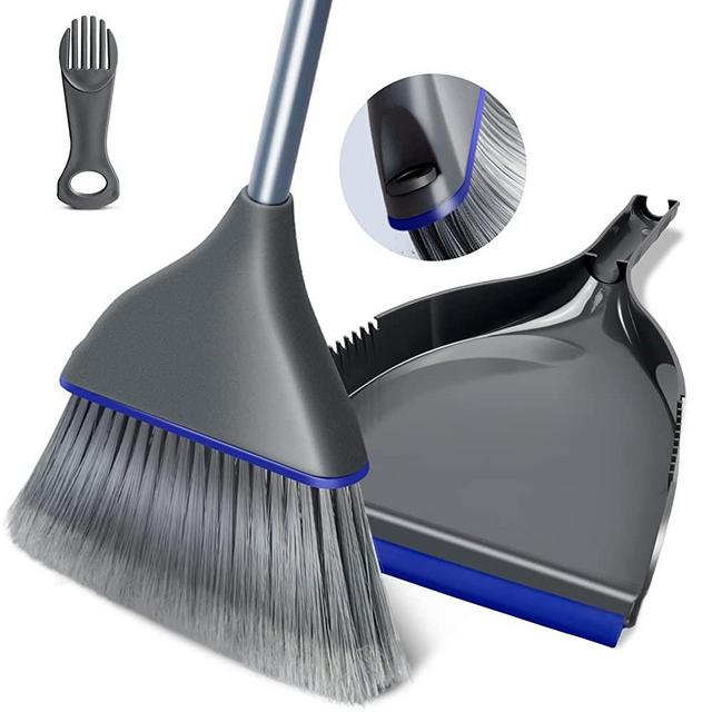 Amrlo Broom and Dustpan Set, Angle Broom and Hand-held Dustpan Combo with 47" Long Handle, Indoor Broom with Mini Cleaning Comb for Home Kitchen, Office, Garage, Hotel Floor Sweeping