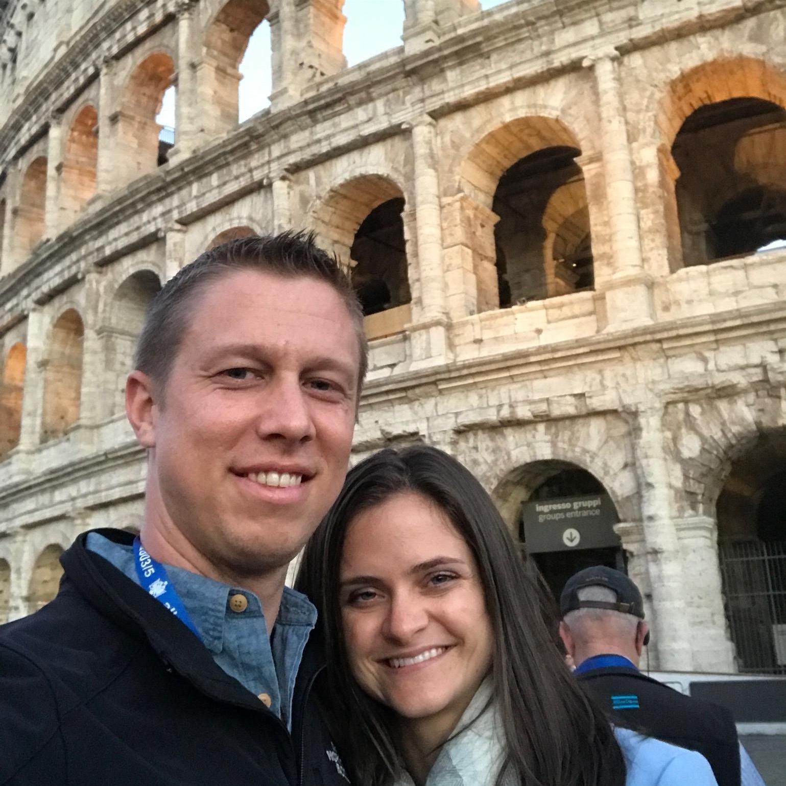 A night tour of the Colosseum in Rome. No ring on that finger yet!