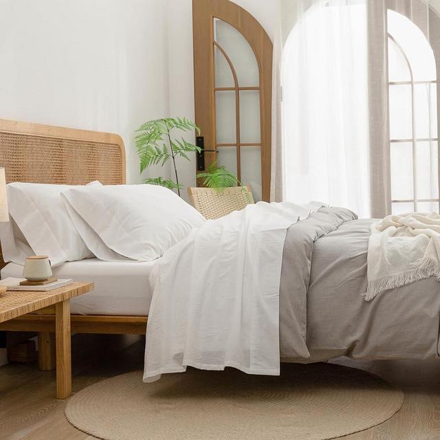 BESTOUCH Sheet Set 100% Washed Cotton Linen Feel Super Soft Comfortable Chic Lightweight 4 Pcs Home Bedding Set Solid Off White Queen