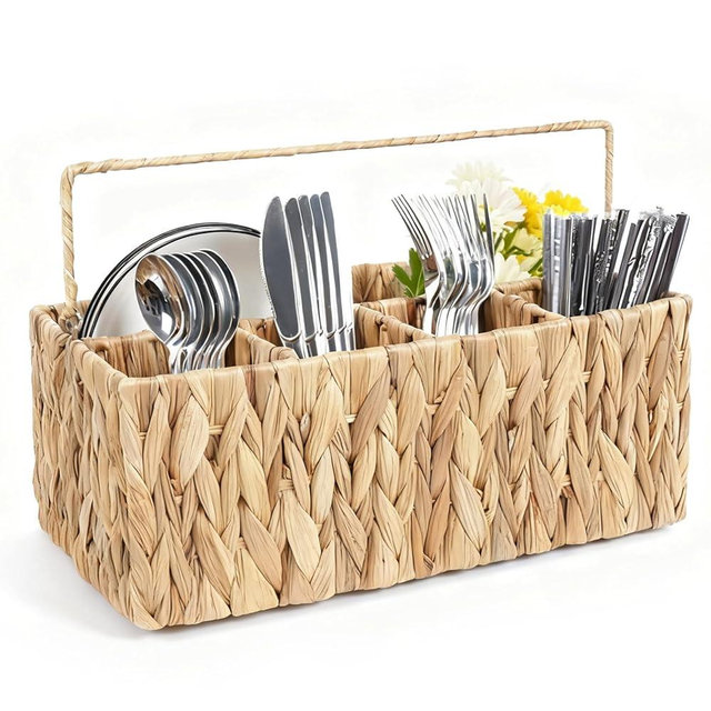 Wicker Silverware Organizer Basket-Kitchen Utensil Holder, Hand Woven with Handles,Flatware Storage for Countertop Dining Picnic Party Table,Natural Cutlery Caddy for Plates,Napkins&Utensils