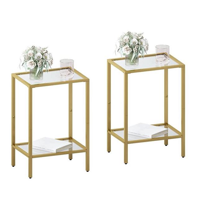 HOMSHO Side Tables Set of 2, End Tables with Tempered Glass, 2-Tier Nightstands with Storage Shelves, Slim Sofa Table for Living Room, Bedroom (2, Golden)