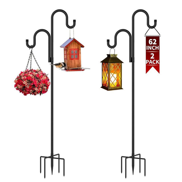 GARGENTOL Double Shepherds Hooks for Outdoor, Bird Feeder Pole with 5 Prongs Base, Heavy Duty Garden Hook for Lantern, Wind Chime and Hummingbird Feeder, 62 Inch, 2 Pack