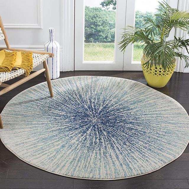 SAFAVIEH Evoke Collection 5'1" x 5'1" Round Royal / Ivory EVK228A Abstract Burst Non-Shedding Dining Room Entryway Foyer Living Room Bedroom Area Rug