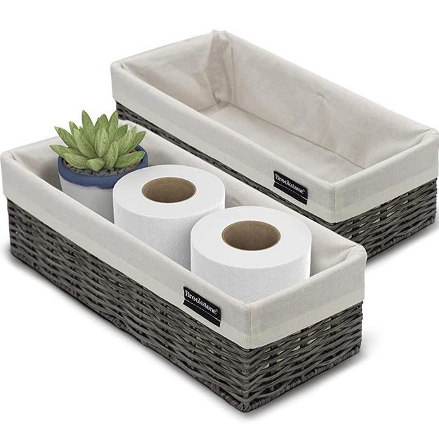 Brookstone BKH1545, [2 Pack] Woven Basket, Organization and Storage Bin, Over The Toilet Paper Reserve, Suitable for Any Décor Style, Perfectly Sized at 14” x 4” x 6”, Natural, 2 Units