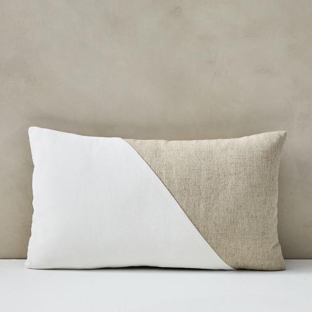 Cotton Linen + Velvet Lumbar Pillow Cover, 12"x21", Stone White
