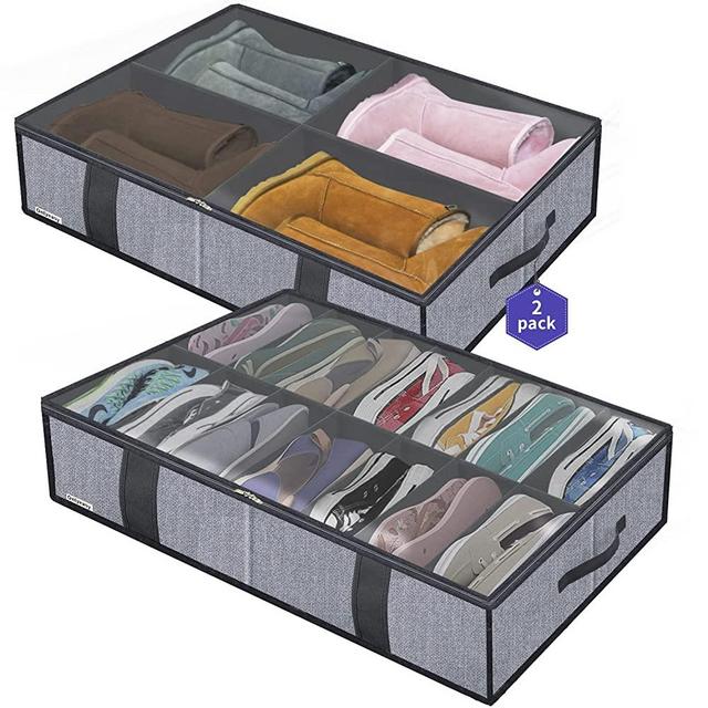 Onlyeasy Under Bed Shoe Storage Organizers for Kids and Adults Fit 14 Pairs of Shoes & 4 Pairs of Boots, Sturdy Underbed Organizer with 2 Strong Zippers and 4 Handles, Linen-like Grey, MXDUBS14S4