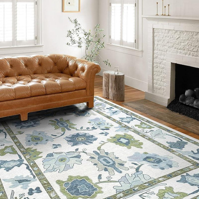 Green Oushak Rug, Vintage Turkish Eclectic Floral Pastel Large Oversized Area Rugs for Living Room Dining Bedroom Kitchen Bathroom 7'5"x9'9"