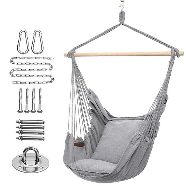Y- STOP Hammock Chair Hanging Rope Swing, Max 320 Lbs, 2 Seat Cushions Included, Quality Cotton Weave for Superior Comfort, Durability (Light Grey)