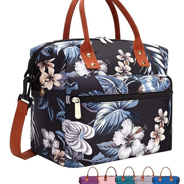 Leakproof Insulated Lunch Tote Bag with Adjustable & Removable Shoulder Strap, Durable Reusable lunch Box Container for Women/Men/Kids/Picnic/Work/School-Black Lily