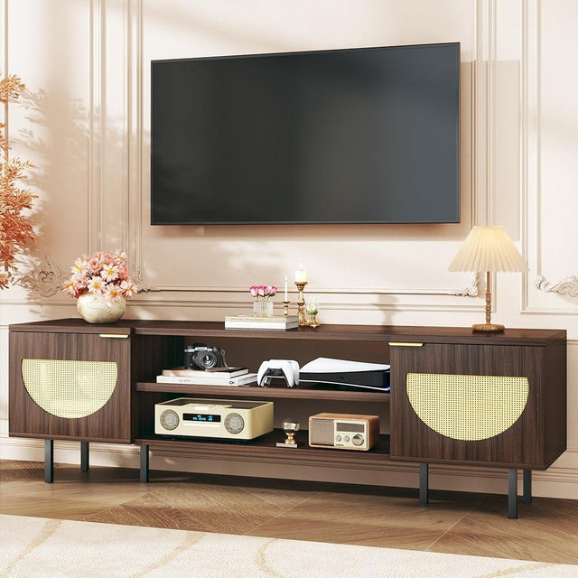 HUAHUU TV Stand for 55/60/65 inch TV, Modern Entertainment Center with Storage, Rattan TV Stands with 2 Cabinets & Adjustable Shelf, TV and Media Console for Living Room, Bedroom, Walnut