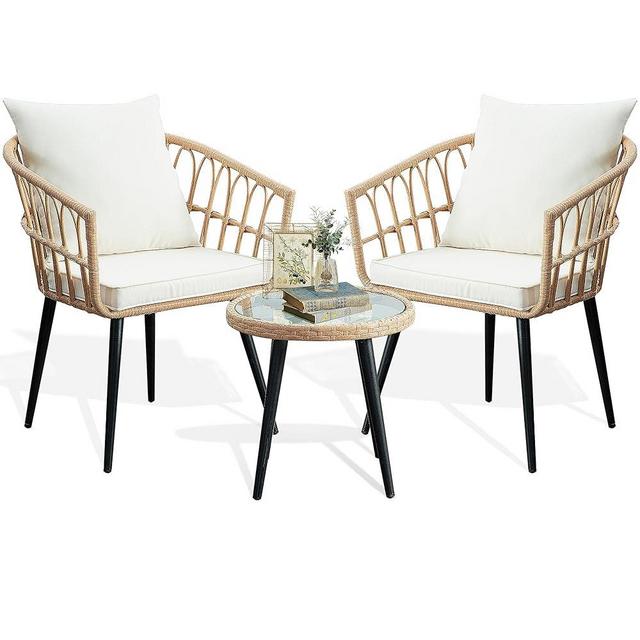 PORWEY 3 Piece Patio Bistro Set, Outdoor Wicker Apartment Balcony Furniture Sets, Rattan Table and Chairs Set of 2 for Porch Backyard Lawn Poolside Deck, Beige