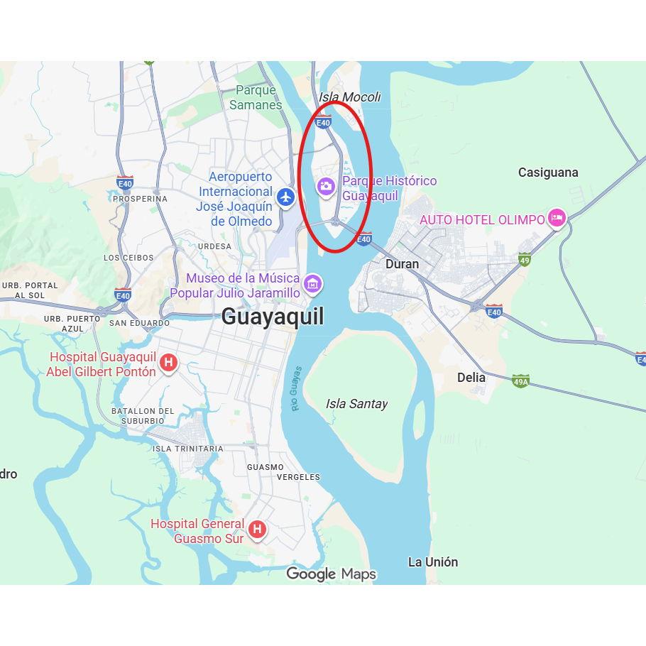 This is a large map of Guayaquil. We recommend that everyone look for accommodations in the area highlighted in red