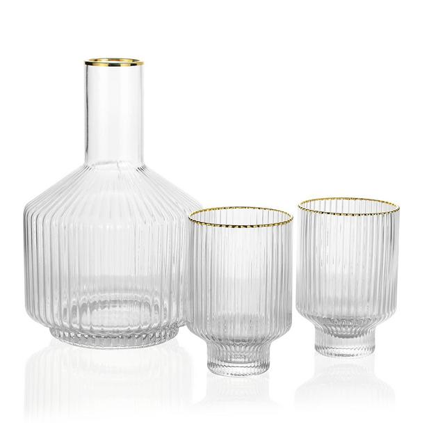 1500 C Tabletop Tiara Optic Swirl Bedside Carafe 1 Pitcher 59 oz. and 2 Tumblers 13 oz. Gold Rim Bedside Water Carafe with Glass Cups for Nightstand