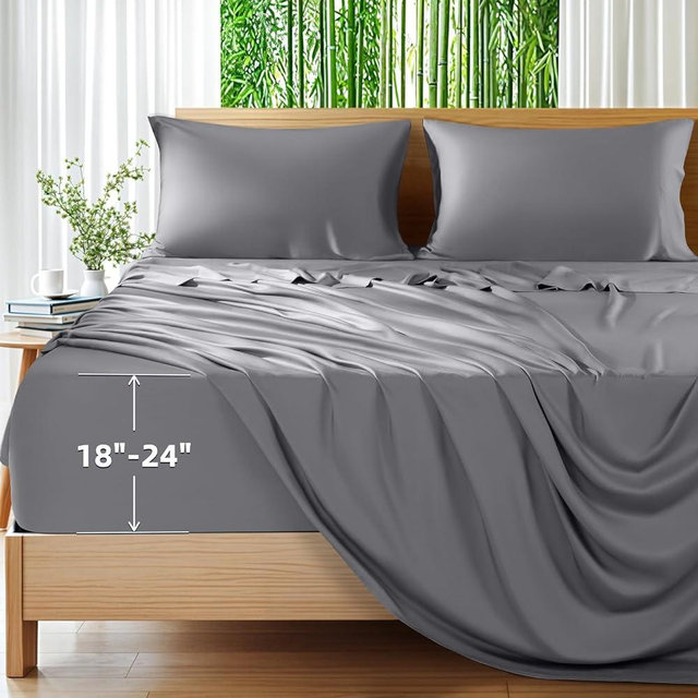 Shilucheng 100% Viscose Derived from Bamboo_Sheets, Extra Deep Pocket Sheets Fits 18"-24" Thick Mattress, Cooling & Breathable Bed Sheets 4Pcs, Hotel Silky Bedding Set (King,Grey)