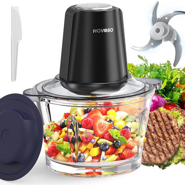 HOVOBO Food Processor Electric Meat Grinder 500W Food Chopper with 8 Cup 2L Glass Bowl & 4 Large Sharp Blades 2 Speed for Vegetable Kitchen Cutter Medium Super Powerful Chopping Grinding
