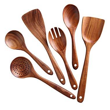 Wooden Kitchen Utensil Set,Salad spoon spatula, NAYAHOSE 6-Piece Wood Cooking Spoons Tools for Nonstick Cookware，100% handmade made by Natural Teak Wood without any painting