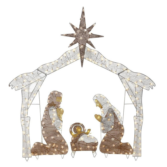 National Tree Company Pre-lit Artificial Christmas Décor - Includes Pre-strung White Mini White Lights and Ground Stakes - Crystal Holy Family Nativity - 6 ft