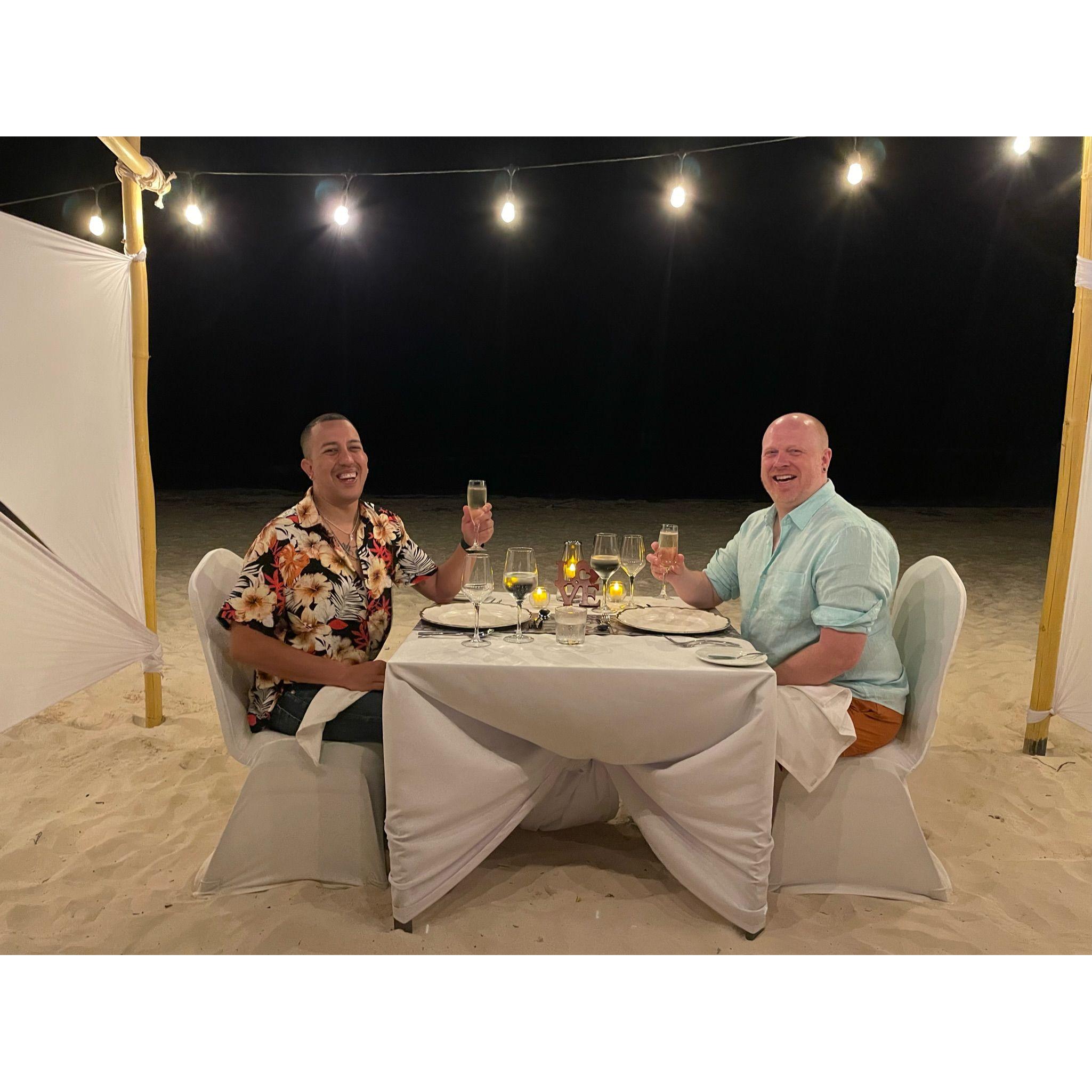 A celebratory dinner on the beach gifted to us by friends after the proposal.
