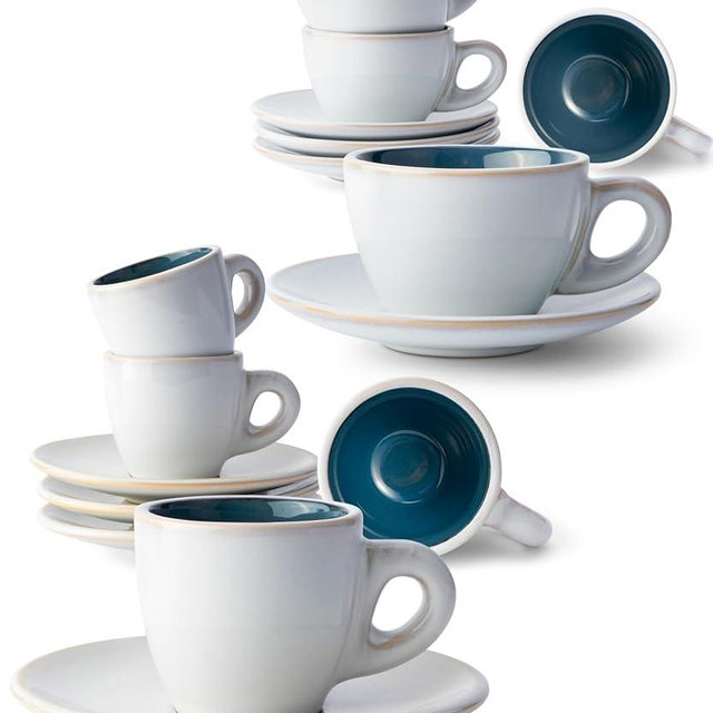 KIVY Espresso & Cappuccino Cups Set of 8 [4 Espresso Cups + 4 Cappuccino Cups] - Including saucers - Blue