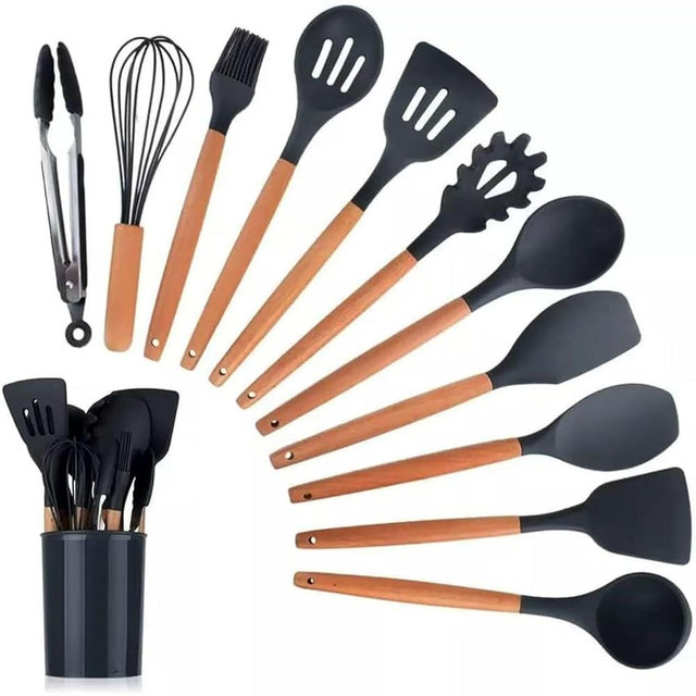 Silicone cooking utensils set for kitchen, spoons spatula spatulas accessories, baking heat resistant cookware de home, black rubber new apartment decor, small plastic nonstick turner tool