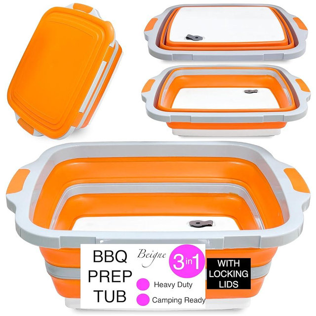 Beigne XL Collapsible BBQ Prep Tub with Lid - 3 in 1 Collapsible Tub & Portable Cutting Board Container for Marinating, Camping, Meat Storage - Space-Saving, Foldable Tray for Kitchen and Outdoor