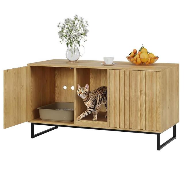 Fienveorn Cat Litter Box Enclosure for 2 Cats, 47.6’’ Litter Box Furniture Hidden with Cat Scratch Pad, Double Room Large Cat Cabinet, Indoor Cat House TV Stand Side Table,Cat Washroom