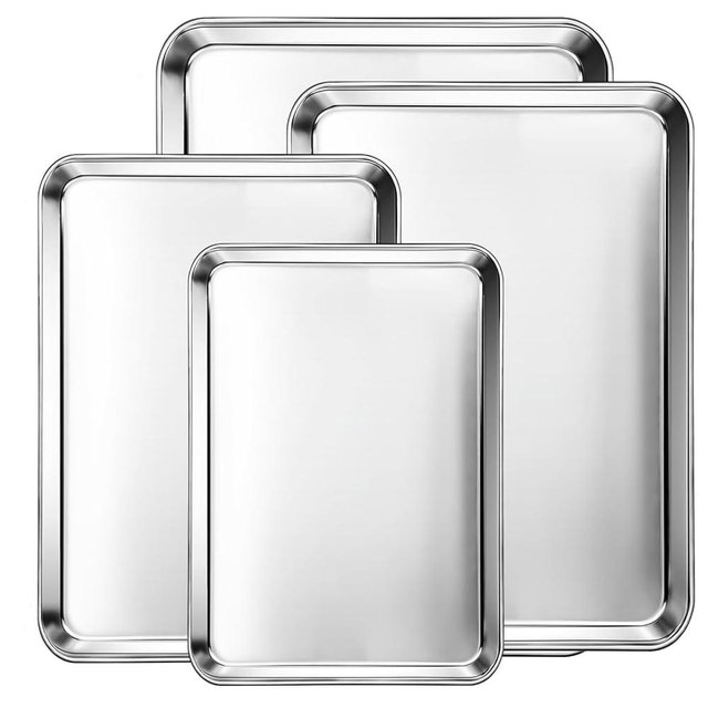 CEKEE Baking Sheet Set of 4, Stainless Steel Cookie Sheets for Baking, 0.8mm Heavy Duty Nonstick Baking Pans, 9/10/12/16 Inch Baking Trays for Oven, Non Toxic & Mirror Finish & Easy Clean