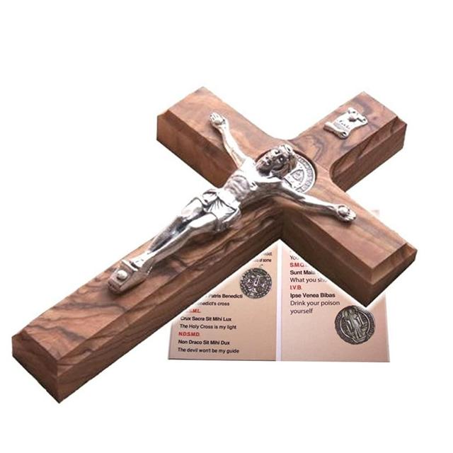 Holy Land Market Saint Benedict Wall Crucifix Handmade Silver Tone Corpus - 12 Inches