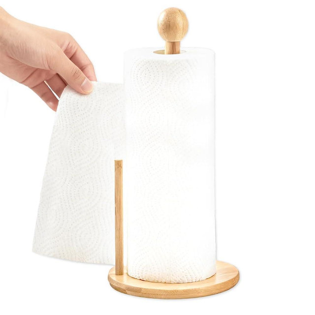 Bamboo and Wood Wooden Tissue Rack countertop, Kitchen and Dining Bathroom Vertical Round Ball Double Column Tissue Rack, Large Plate Stable Round Base, Suitable for Standard and Large tissues