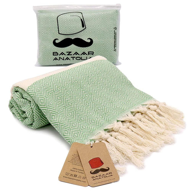 Bazaar Anatolia Diamond Turkish Towel 100% Cotton Peshtemal Bath Towel 77x38 Thin Lightweight Travel Camping Bath Sauna Beach Gym Pool Blanket Fouta Bridesmaid Gift Quick Dry Towels (Green)
