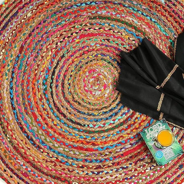GRUHUM Handwoven 6'feet Jute Cotton Round Area Rug, Natural Multi Chindi Boho Colorful Rustic Vintage Soft Braided Reversible Bohemian Rug- Indoor EcoFriendly Kitchen Bedroom Living Room 6' ft Circle