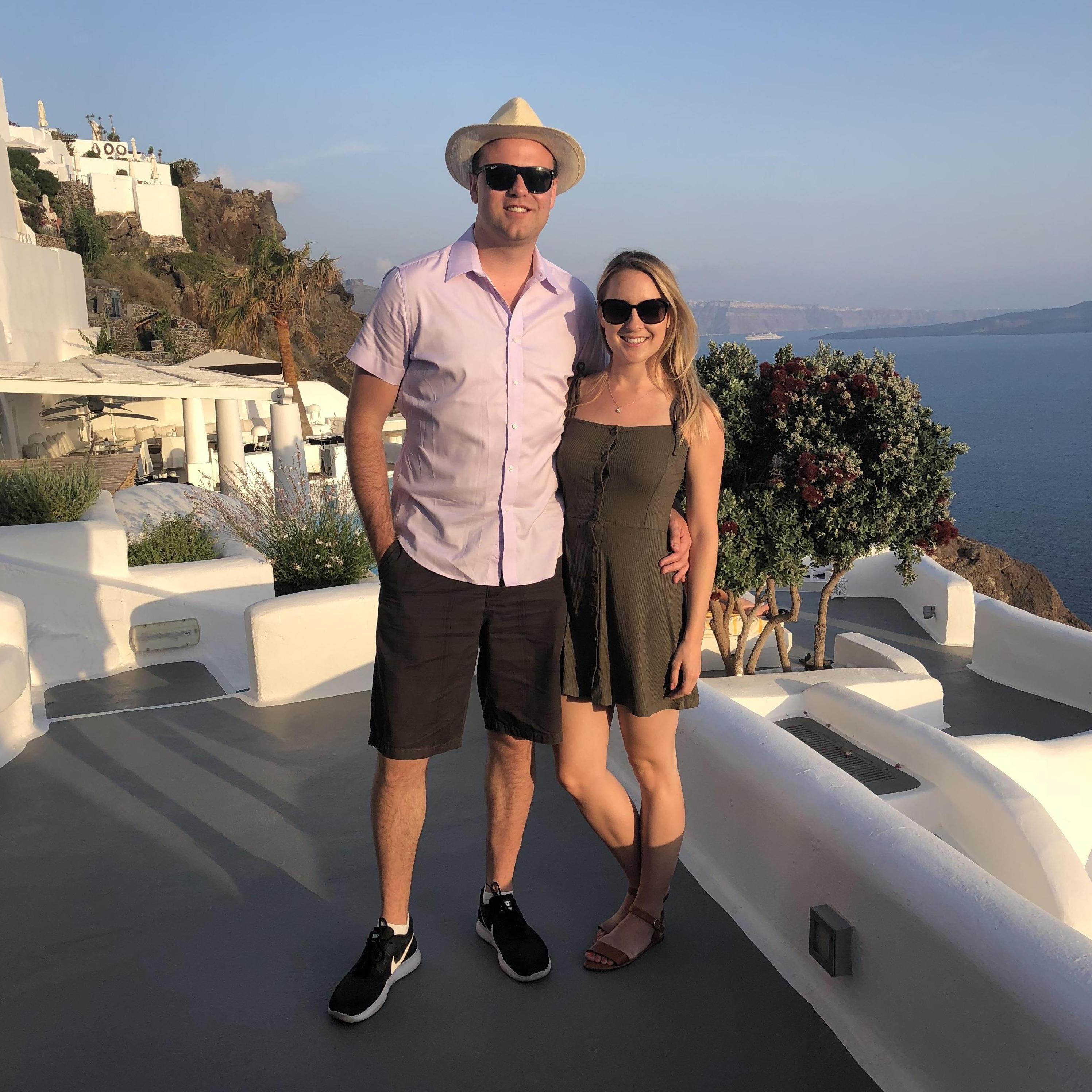 Adri and "Vacay Pete" rocking his classic vacay look in Santorini.