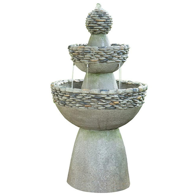 Teamson Home Majestic 2 Tiered Stone Look Zen Pedestal Floor Waterfall Fountain with Pump for Outdoor Patio Garden Backyard Decking Décor, 37 inch Height, Gray