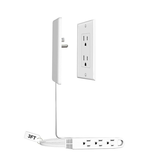 CABOCASA 3FT Ultra Flat Plug Extension Cord Power Strip with 3 Outlets, Patented Detachable Ultra-Thin Outlet Cover Concealer & Ultra-Flat Plug, Max. 13A 125V 1625W ETL Listed, White Color