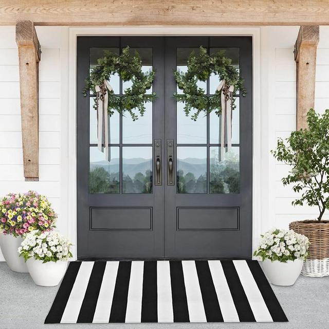 LILI REY Black and White Striped Rug - Premium 3x5 Black and White Outdoor Area Rug - Striped Outdoor Rug - Cotton Front Porch Rug Backyard Patio - Striped Door Mat - Farmhouse Decor Washable
