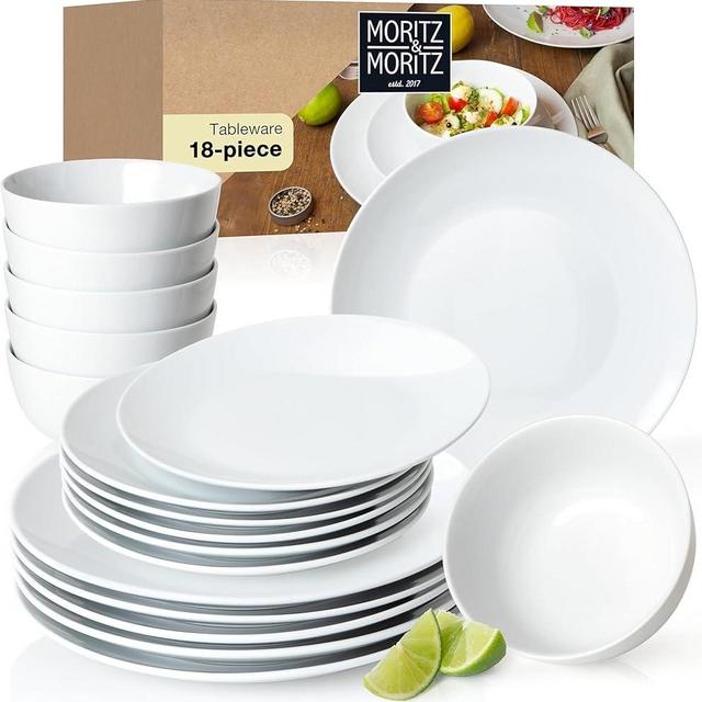 18-Piece Porcelain Dinnerware Set for 6 – Classic White, Includes 6 Dinner Plates, 6 Side Plates, 6 Bowls, Modern, Durable, Dishwasher & Microwave Safe, Moritz & Moritz BASIC Collection
