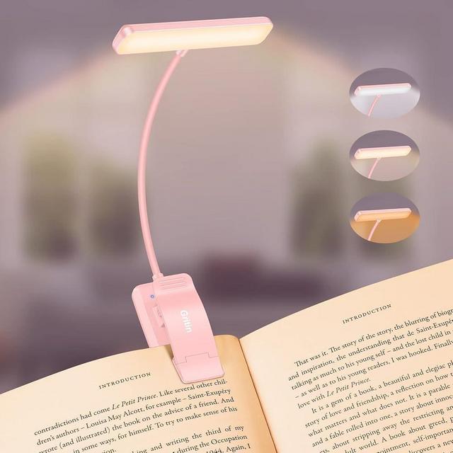 Gritin 19 LED Rechargeable Book Light for Reading in Bed with Memory Function- Eye Caring 3 Color Temperatures,Stepless Dimming Brightness,80 Hrs Runtime Clip On Book Light for Book Lovers-Pink