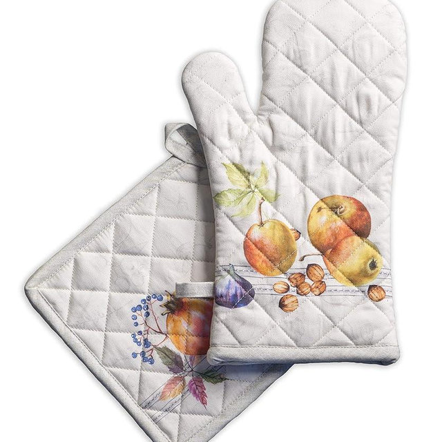 Maison d' Hermine Oven Mitts + Pot Holders 100% Cotton Heat Resistant Oven Mitt (7.5"x13") & Pot Holder (8"x8") Cooking BBQ Baking Grilling, Fruit D'Hiver -Thanksgiving/Christmas
