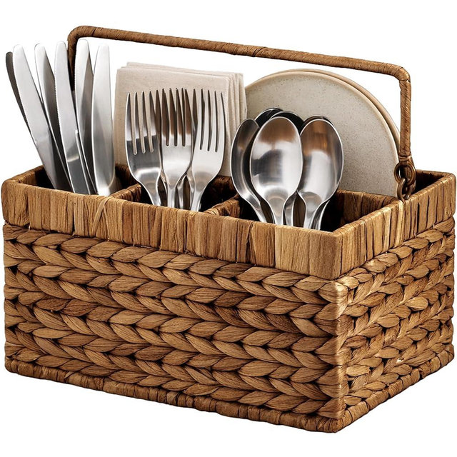 Best Choice Products Utensil Caddy w/Handle - 4 Compartments, Woven Wicker Utensil Silverware Flatware Organizer, Cutlery Basket Holder for Countertop, Party, Picnic, BBQ, Kitchen Storage - Chestnut