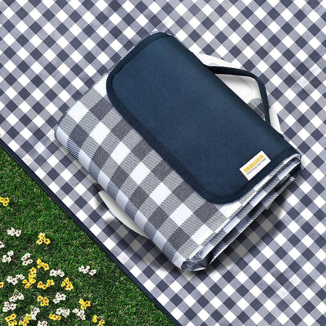 SAMSIER Outdoor Picnic Blankets Waterproof Foldable, Large Beach Blanket Sandproof, Gingham Picnic Mat Cute Washable Portable (Navy Blue, 80"×80")