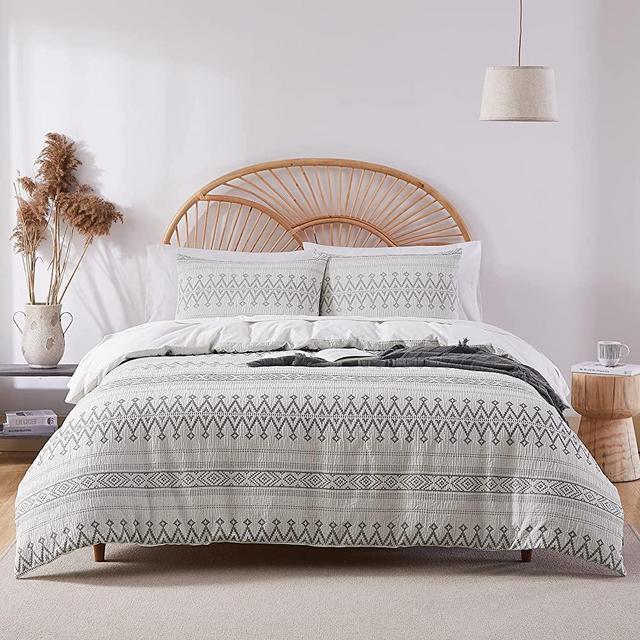CAROMIO Boho Duvet Cover King Size, 100% Cotton Luxury Bedding Set Comforter Cover 3 Pieces, Jacquard Geometric Stripe with Silver Shining Yarn Textured Duvet Cover King, Gray and Cream