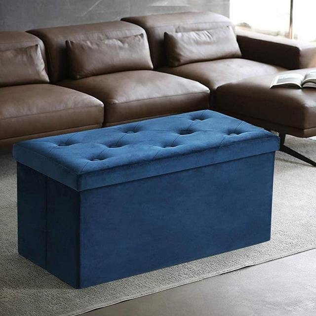 ASLIFE Folding Storage Ottoman Bench Foot Rest Stool Chest with Foam Memory Padded Seat Tufted, Holds Up to 350lb, 30 Inches Velvet, Navy Blue