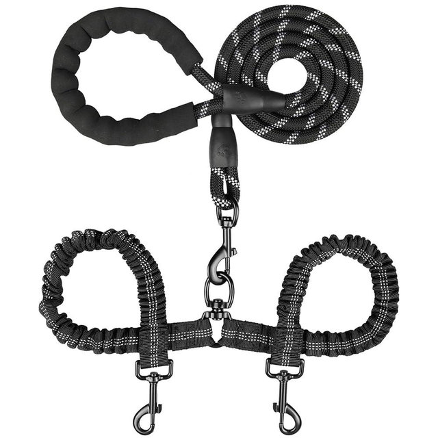 Double Dog Leash, Dual Dog Leash, 360 Swivel Tangle Free Bungee Walking Training Leash for Large Medium Dogs, MingXpets Shock Absorbing Bungee Reflective Leash for Two Dogs, 18~120 lbs, Black
