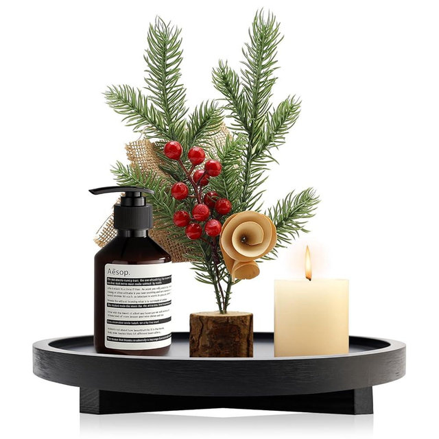 Black Decorative Wooden Tray for Kitchen Counter Bathroom Accessories Sink Vanity Trays Wood Riser Candle Pedestal Stand for Perfume Soap Trays Round Dining Coffee Table Small Rustic Home Decor Tray