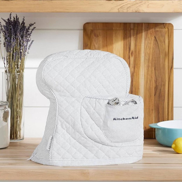 KITCHENAID Fitted Tilt-Head Ticking Stripe Stand Mixer Cover with Storage Pocket, Quilted 100% Cotton, Ink Blue, 14.4"x18"x10"