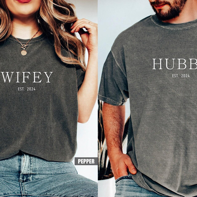 Custom Comfort Colors® Hubby & Wifey Shirt, Personalized Engagement Gift For Bride, Groom Wife Tee, Honeymoon Clothes, Wedding Party Outfit