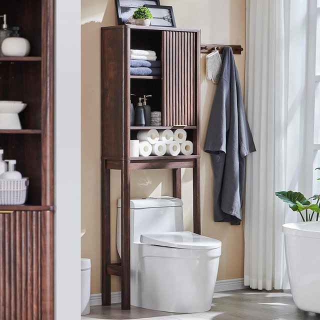 RedLemon Over The Toilet Storage Cabinet with Fluted Sliding Door, 68" Tall Wood Space Saver with Adjustable Shelf, Curved Profile Rack Organizer for Bathroom, Walnut