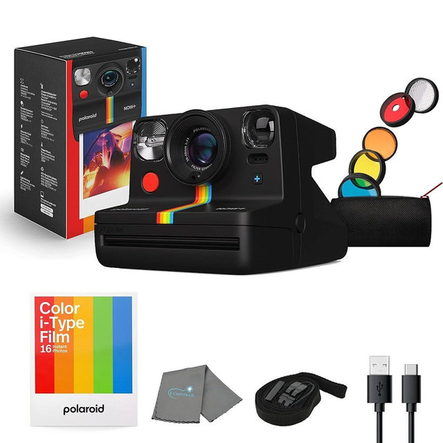 Now+ Gen 2 Instant Camera, Black, Bluetooth Now Plus Film Camera with 5 Piece Lens Filter Kit & Pouch, 8 Color Film, Works with Polaroid i-Type and 600 Film, and Lens Cleaning Cloth