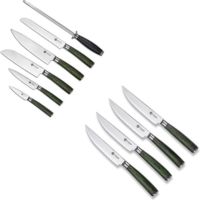 HexClad 10 Piece Knife Set - 4 piece Steak Knives and 6 Piece Essential Knife Set, Fine Edge, Non-Serrated, 60 Rockwell Rating, Forest Green Pakkawood Handles