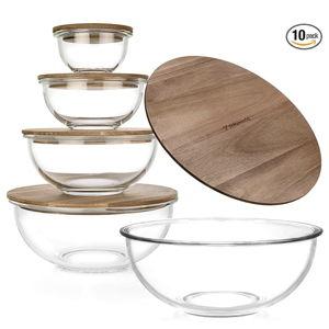 Set of 5 Nesting Glass Bowls with New Updated Acacia Lids for Foodprep, Storage, Mixing & Cooking - Microwave & Oven-ready BPA Free Durable Heat Resistant Inert Borosilicate Glass